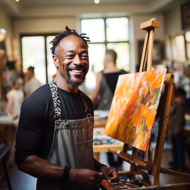 A handsome black man In the studio of the painting class AI