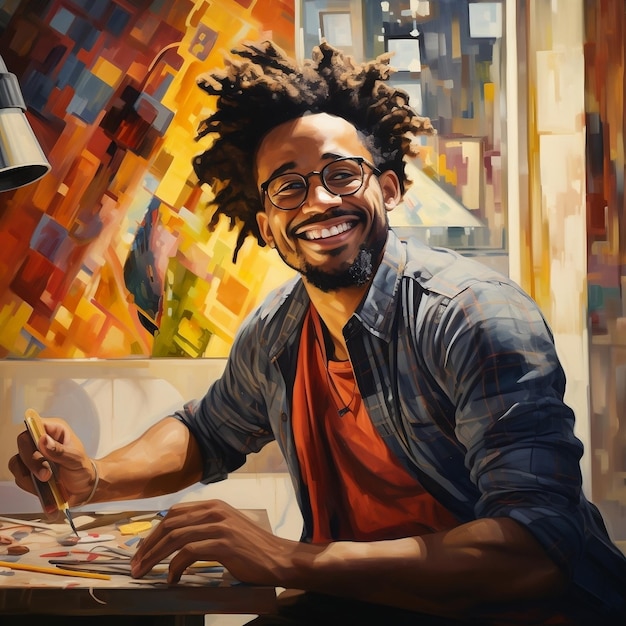 A handsome black man In the studio of the painting class AI