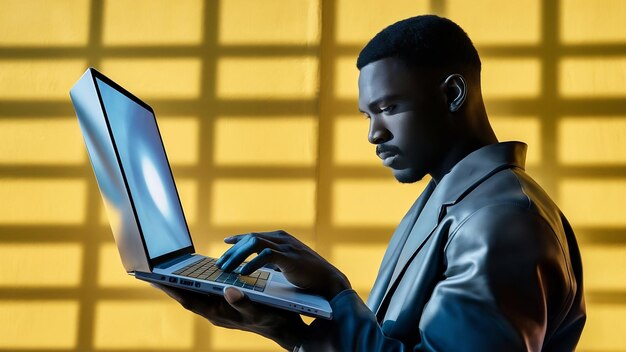 Handsome black man using modern laptop on yellow