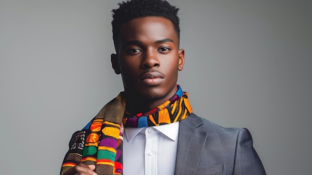 A handsome black man with a sleek tailored suit paired with a bold colorful kente cloth scarf dd