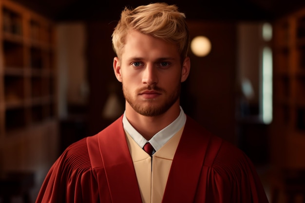 Красивый блондин, студент в мантии бакалавра, выпускник университета AI Generated