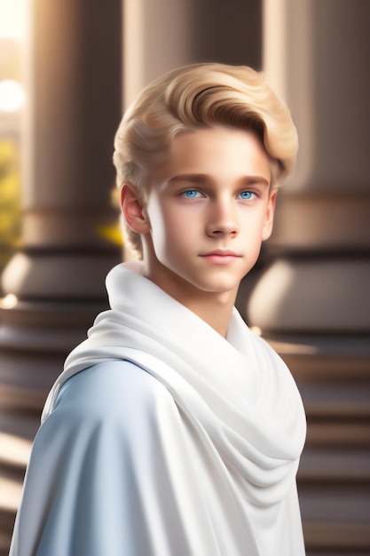 A handsome blond teenager in his toga of the Roman emperor Generative AI_2