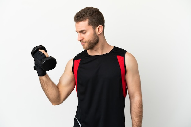 Handsome blonde man over isolated white background making weightlifting