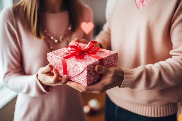 Photo handsome boy give gift to lovly girl in valentine day