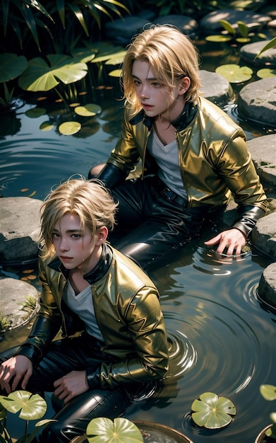 Handsome boy is sitting in the river soaked in her clothes handsome asian boy
