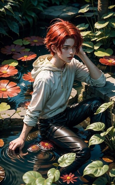 Красивый мальчик сидит в реке, пропитанный ее одеждой красивый азиатский мальчик