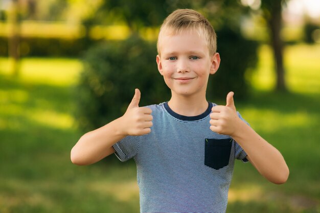 Handsome boy smiling and posing to the photographer. Joyful child walks the park. Sunny weather summer.