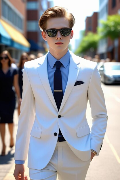 A handsome boy in suit and sunglasses is walking on the sunny street