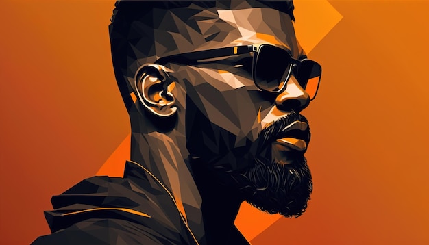 Handsome brutal african american man with beard and sunglasses on dark orange background