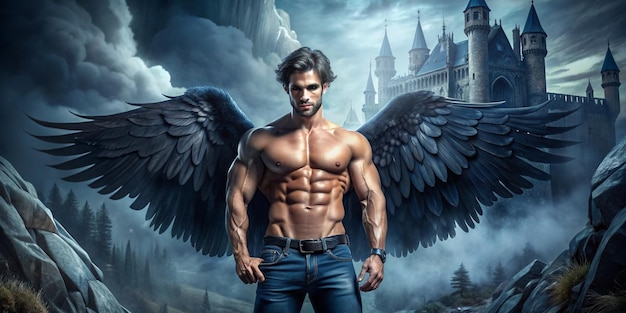 Фото Красивый жестокий парень ангел с черными крыльями на фоне страшного замка и облачного неба