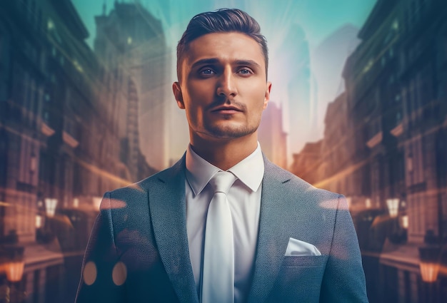 Handsome Bulgarian leading man Confident solid male in business outfit Generate ai