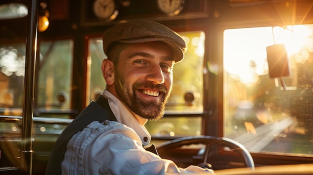 写真 ハンサムなバス運転手が車輪の後ろに座って微笑んでいる