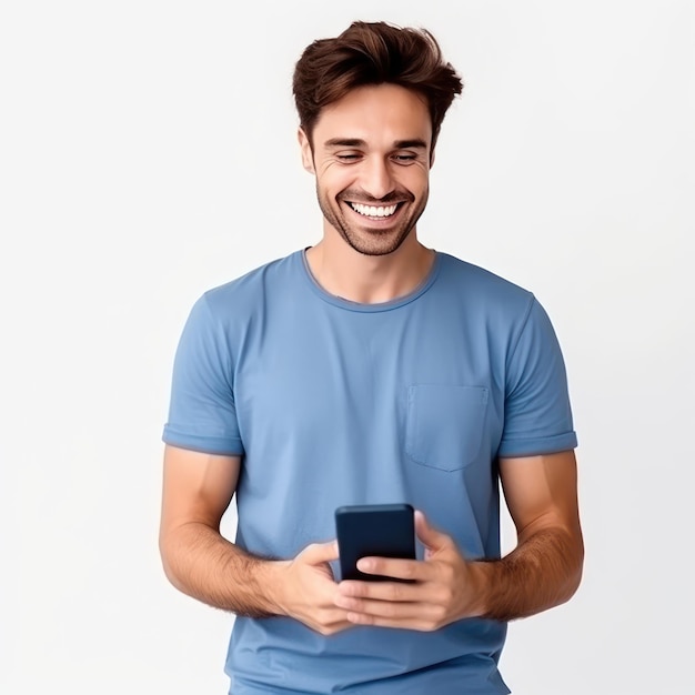 Handsome business man in blue tshirt woth mobile phone isolated
