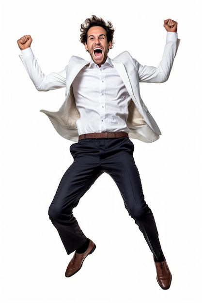 Handsome business man jumping and celebrating on isolated white background