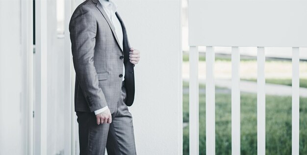 Handsome business man Portrait young man wearing suit with copy space