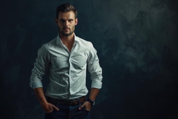 Photo handsome business man standing with hands in pockets against dark background