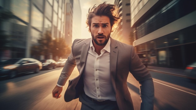 Foto bell'uomo d'affari adulto urbano business camminando alla ricerca di stile di vita ritardo in esecuzione persona corsa velocità