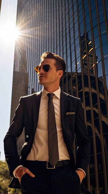 Handsome businessman in best suit standing confidently in front of tall building and shining sun