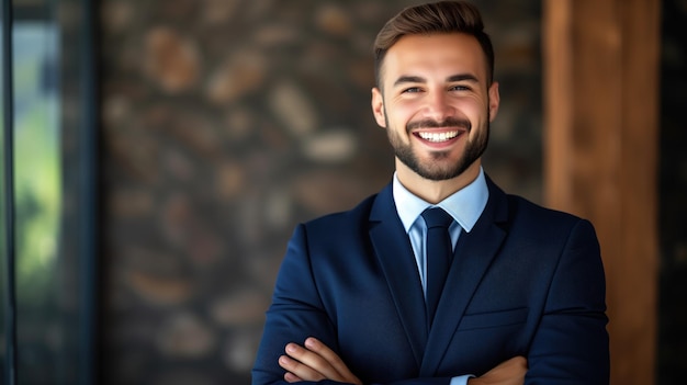 Handsome businessman in blue suit smiling at camera