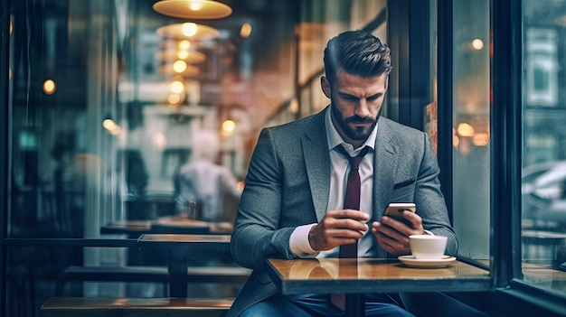 Handsome businessman checking his phone during coffee break in a cafe Created with Generative AI technology