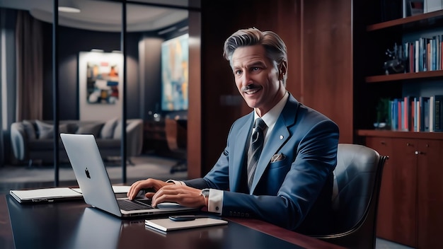 Handsome businessman is working with laptop in office