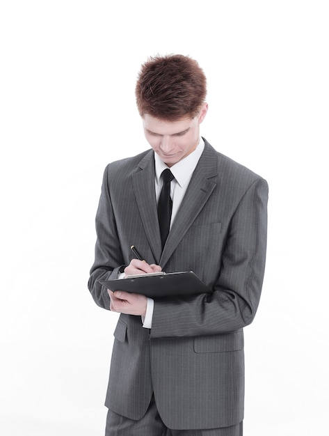 Handsome businessman looking at wrist watch.isolated on a white background.