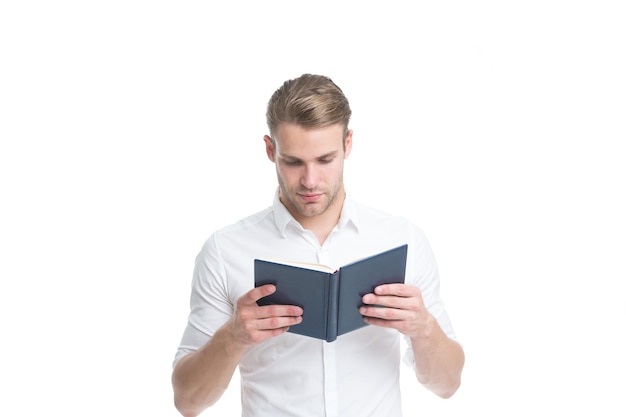 Handsome businessman reading book Businessman read book for self improvement Looking interesting idea Reading literature for adult Man searching information for business project Reading as hobby