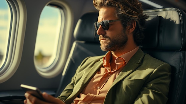 handsome businessman relaxing in comfortable private jet