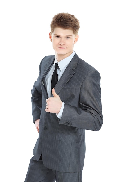 Handsome businessman showing thumb upisolated on a white