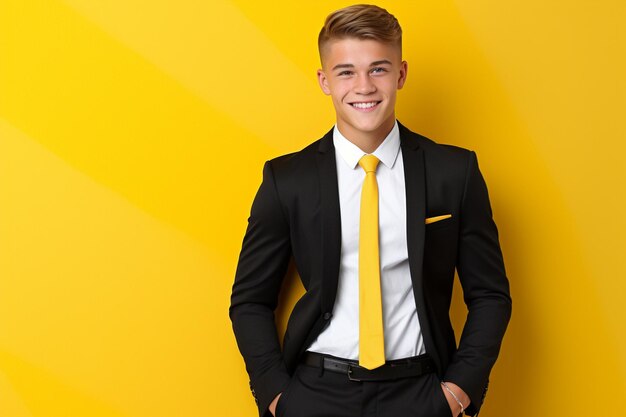 A handsome businessman standing in front of a yellow background Generative AI