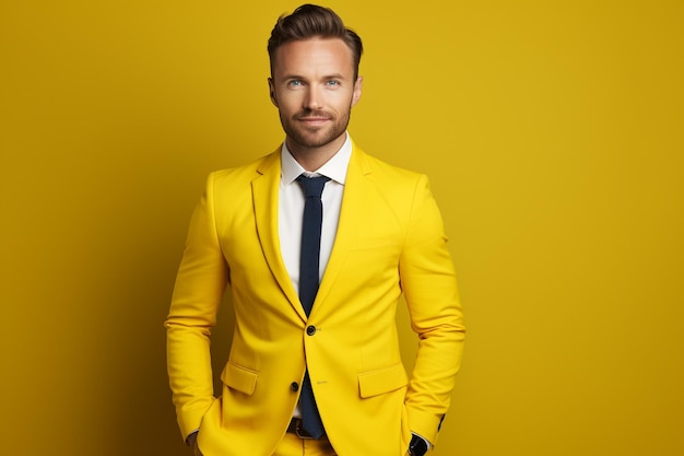 Photo a handsome businessman standing in front of a yellow background generative ai