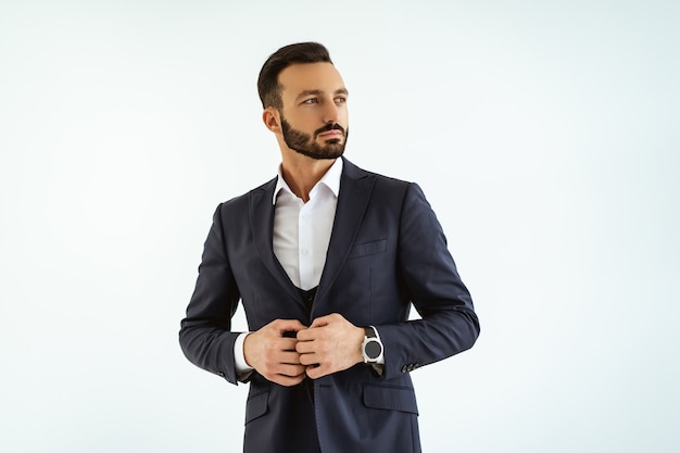 The handsome businessman standing on the white background