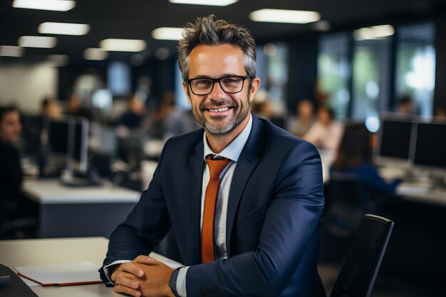 A handsome businessman in a suit and glasses in the office