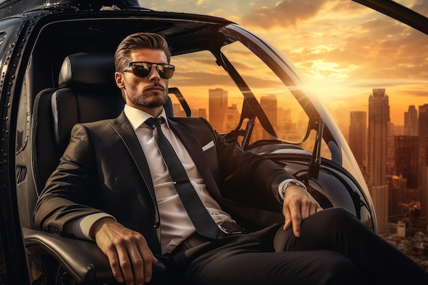 Photo handsome businessman in suit and sunglasses sitting in helicopter at sunset businessman using private helicopter transport ai generated