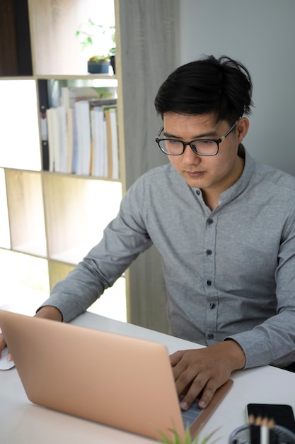 Handsome businessman using laptop computer in his office room.