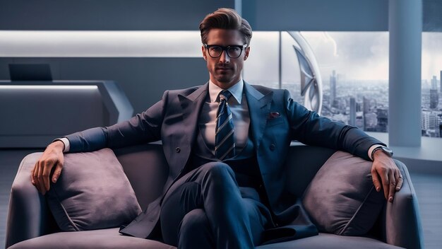 Handsome businessman wearing fashion eyeglasses and stylish suit sitting on the sofa at modern stud