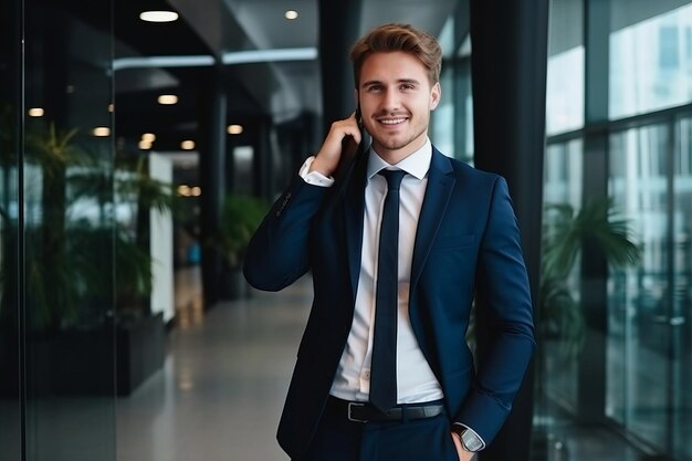 A handsome businessman with phone in the office