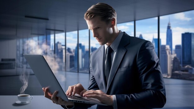 Handsome businessman working in a laptop