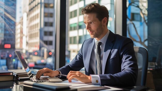 Photo handsome businessman working at the office