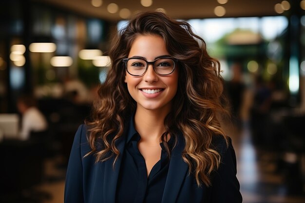 A handsome businesswoman in a suit and glasses