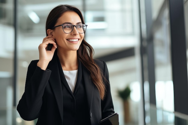 A handsome businesswoman in a suit in office