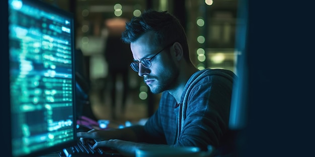 Photo handsome and candid male programmer completely immersed in his work demonstrating dedication and expertise in the world of programming generative ai