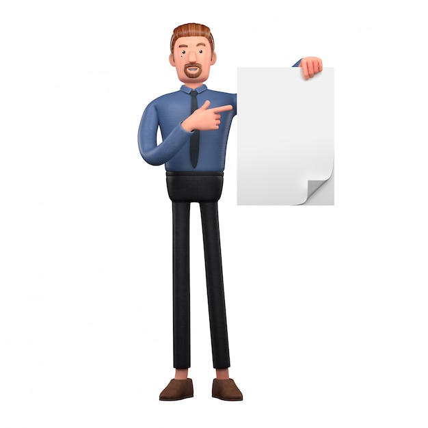 Photo handsome cartoon business man holds a blank document