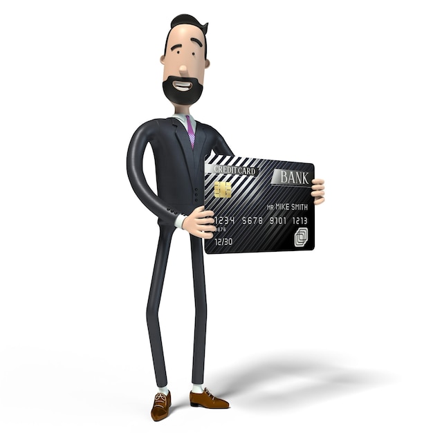 Photo handsome cartoon businessman holding credit card white background 3d illustration