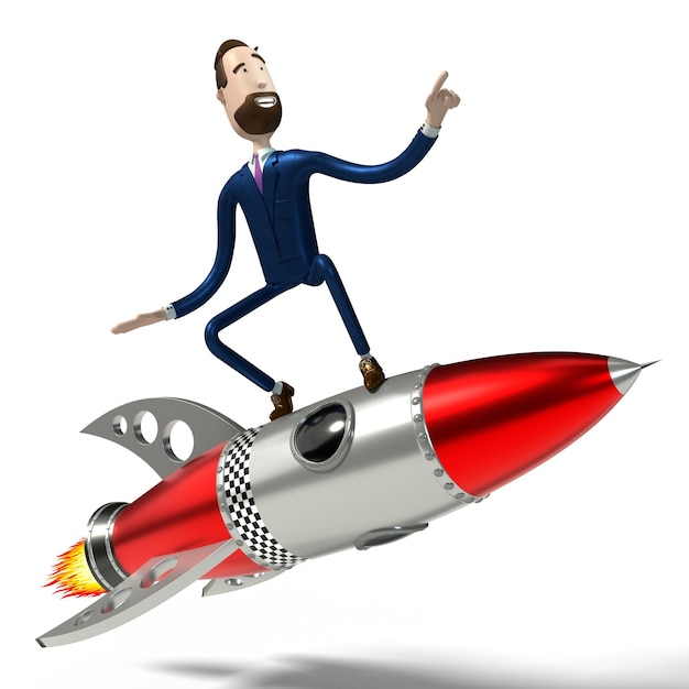 Photo handsome cartoon businessman riding on toy rocket white background 3d illustration