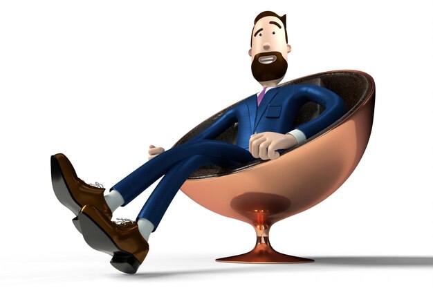 Handsome cartoon businessman sitting in shiny egg ball chair 3d
illustration