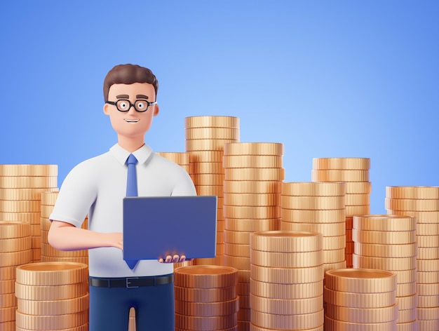 Handsome cartoon character businessman with laptop over gold coins stack on blue background