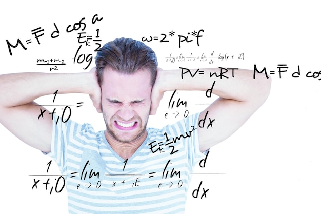 Photo handsome casual man screaming with hand on ears  against maths equation