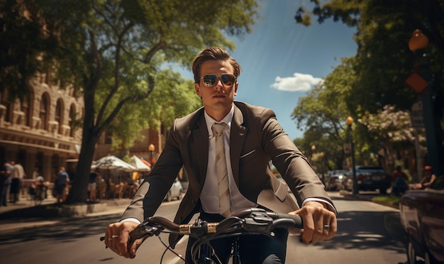 ハンサムなカジュアルな中年のビジネスマンが自転車でオフィスに行っている彼は自転車を運転しています