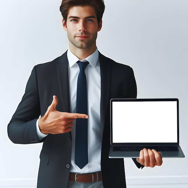 Photo handsome caucasian businessman in suit showing empty laptop screen demonstrate promo